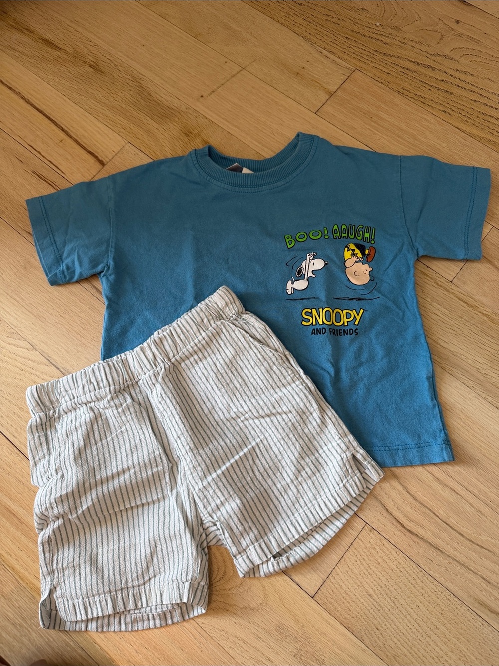 Zara Blue Snoopy Graphic Tee with Cream Striped Shorts